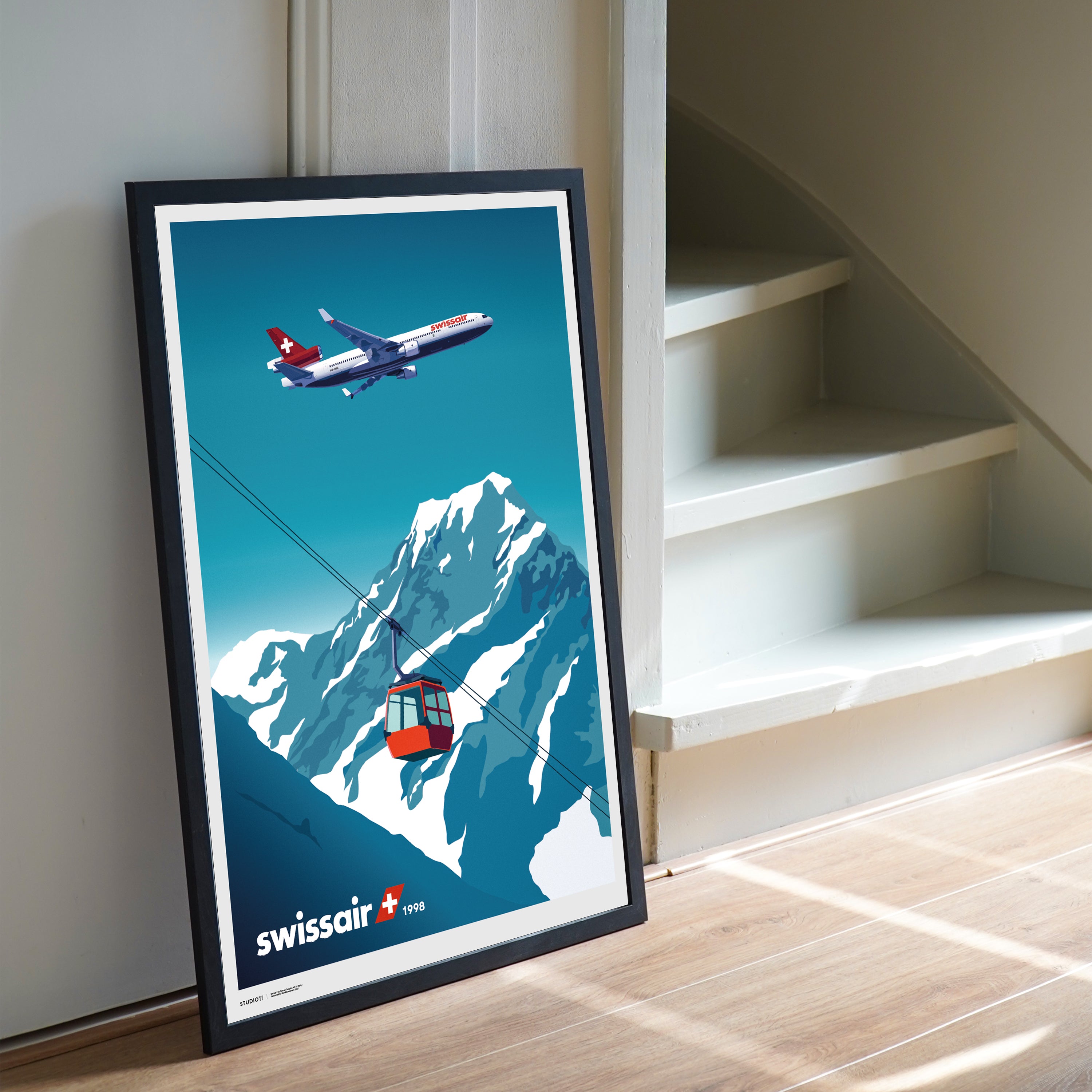 Swissair MD-11 flying over the Swiss Alps with a ski gondola in the foreground, capturing a serene retro aviation scene in premium illustration style.