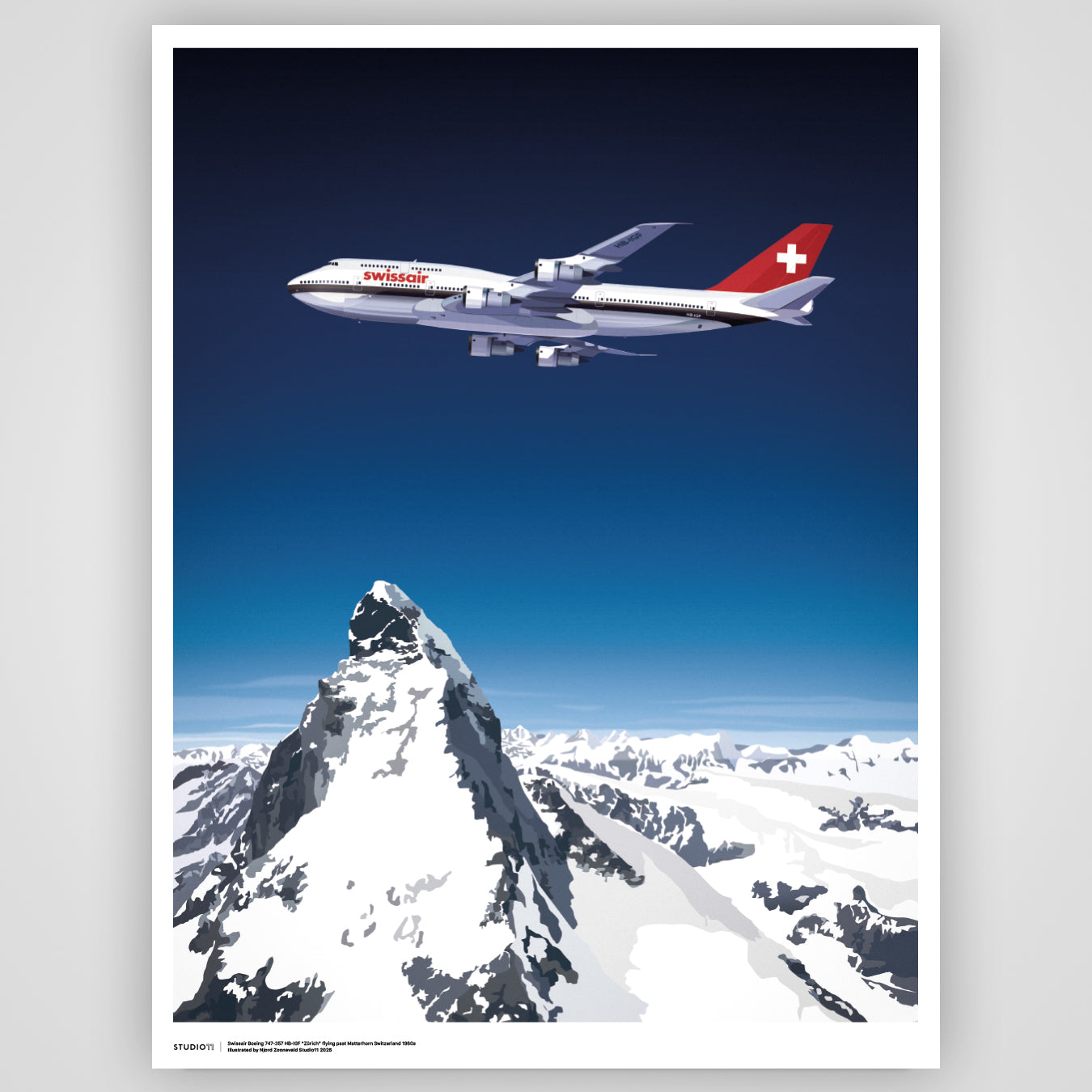 Swissair Boeing 747-300 over Swiss Alpes poster by Studio11