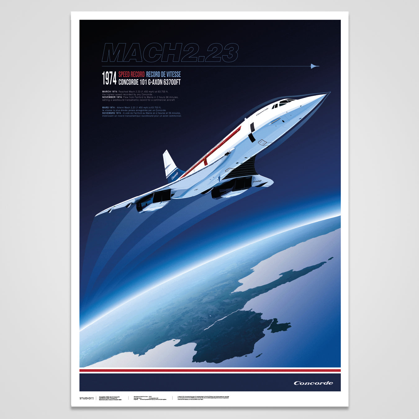 Concorde Prototype 101 G-AXDN Mach 2.23 aviation art print showing the aircraft climbing above Earth during the 1974 speed record flight.