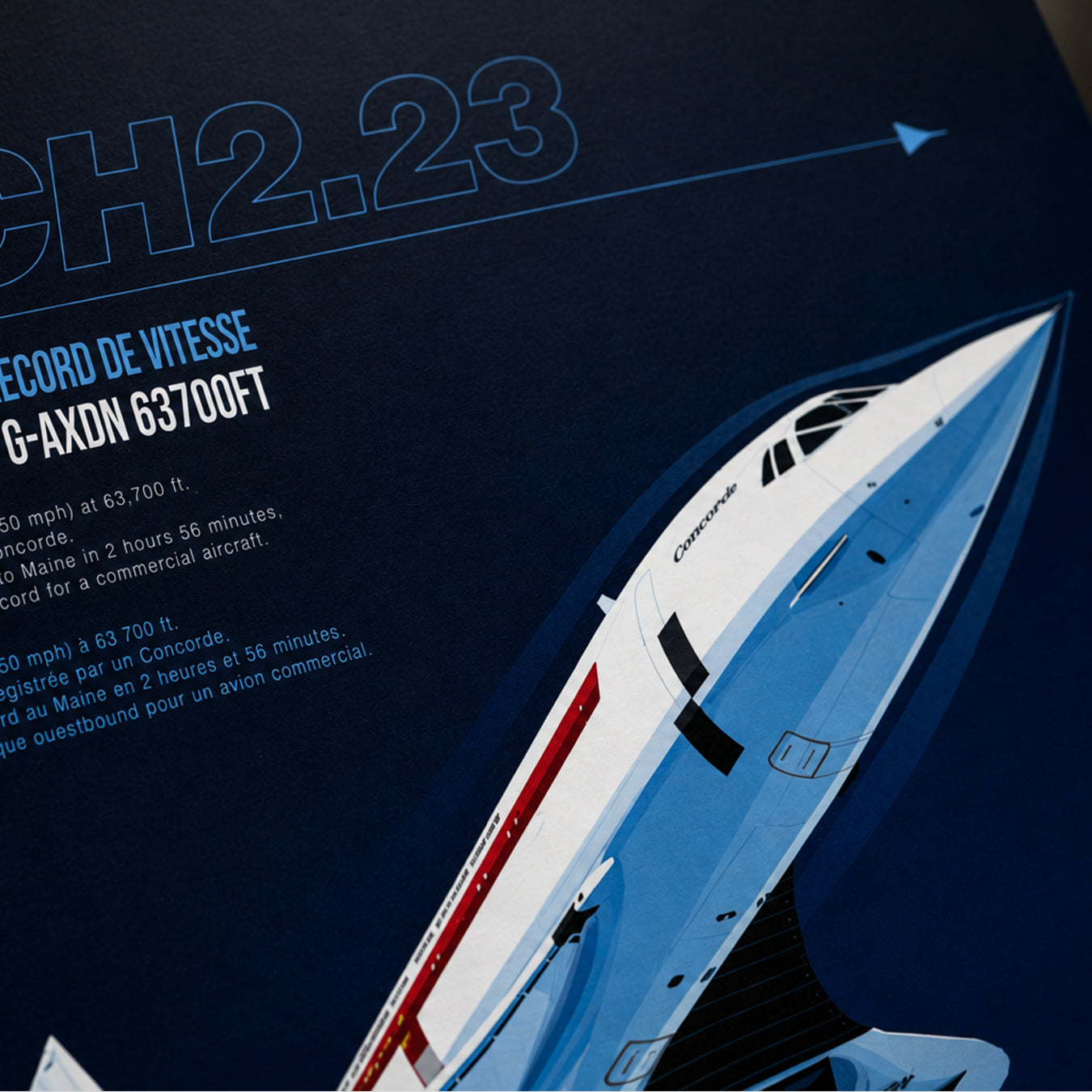 Close-up detail of the Concorde Prototype 101 poster artwork featuring the nose section and retro aerospace typography.