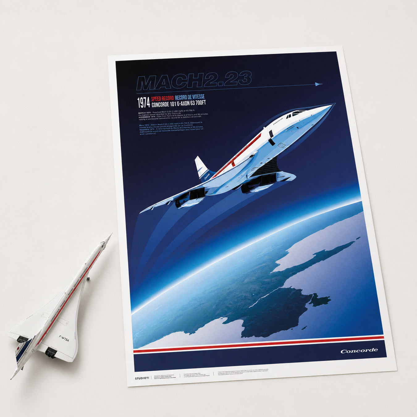 Concorde Mach 2.23 art print displayed on a clean white surface beside a detailed Concorde scale model.
