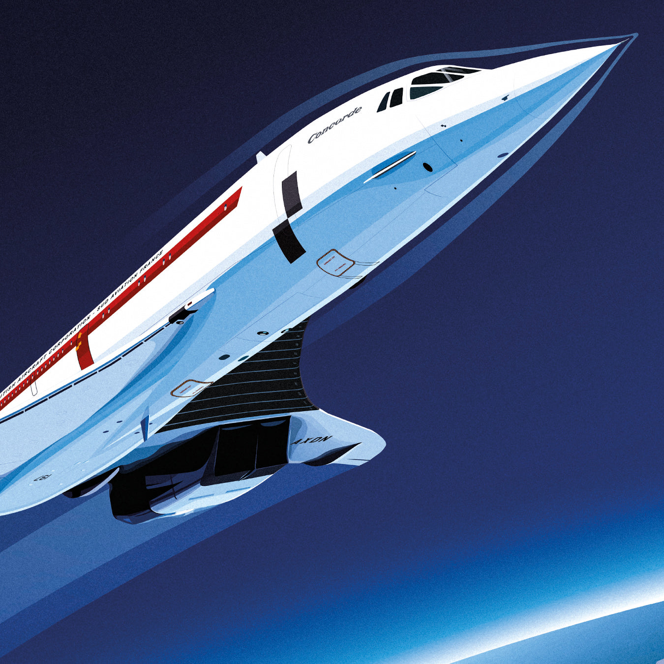 Detailed close-up of the illustrated Concorde 101 nose, cockpit and engine nacelles against the deep blue sky.