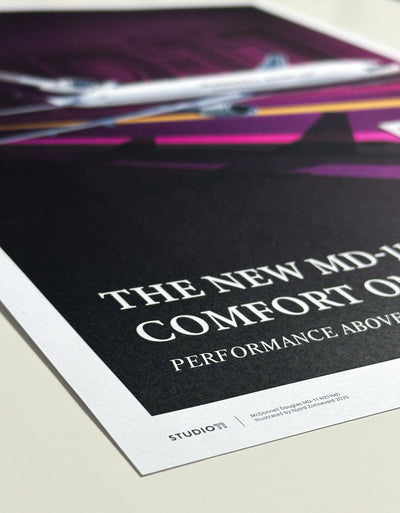 Prototype illustration of the N211MD MD-11, showing the aircraft in a dynamic pose on a clean background, highlighting Studio11’s premium aviation artwork.