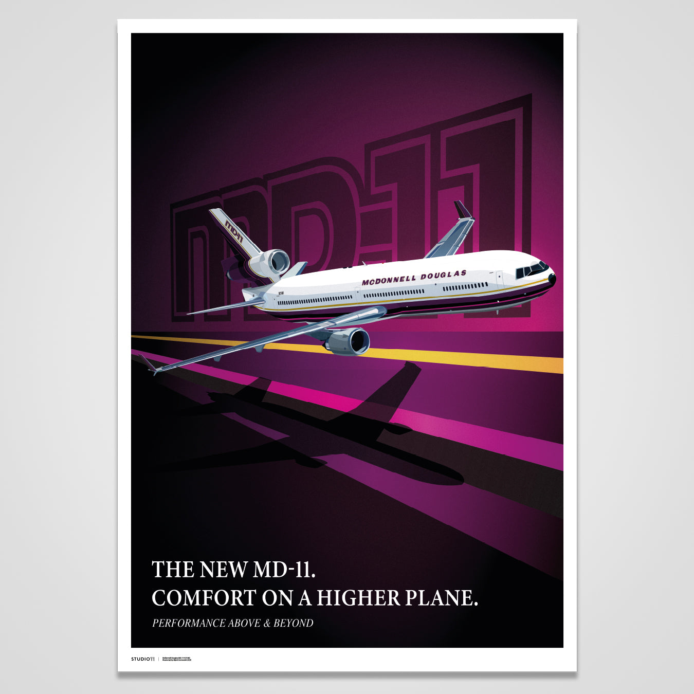 Prototype illustration of the N211MD MD-11, showing the aircraft in a dynamic pose on a clean background, highlighting Studio11’s premium aviation artwork.