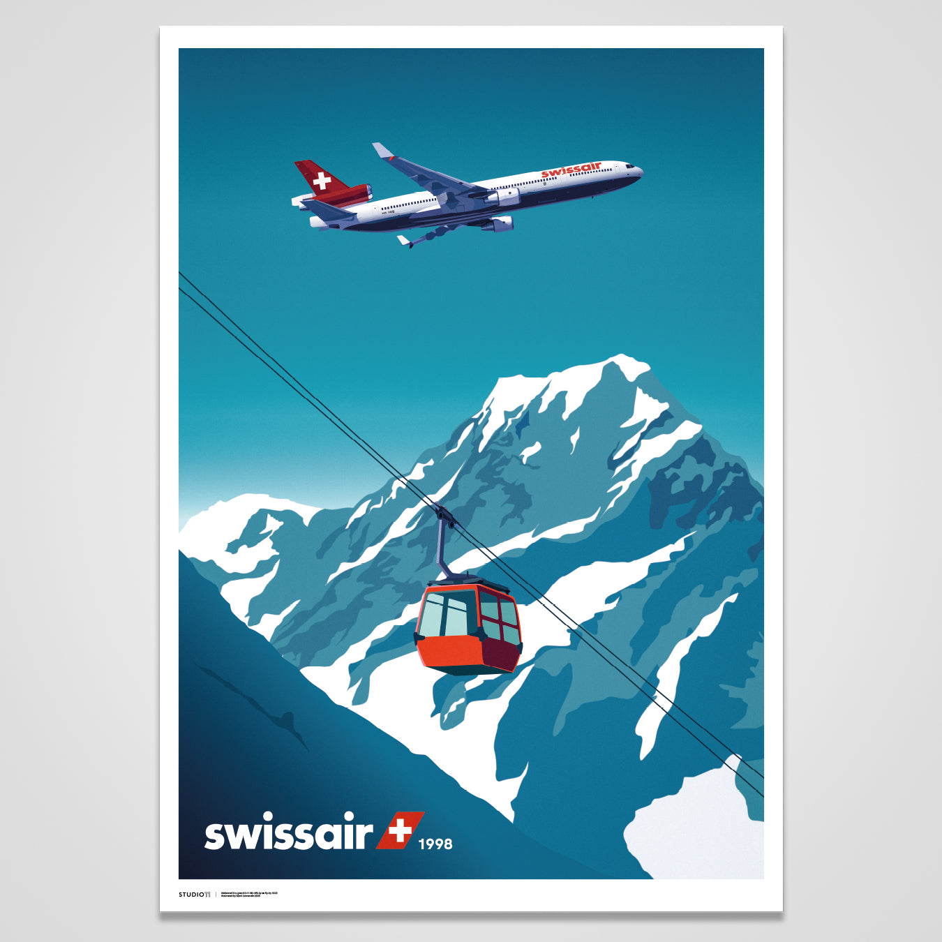 Swissair MD-11 flying over the Swiss Alps with a ski gondola in the foreground, capturing a serene retro aviation scene in premium illustration style.