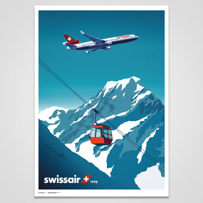 Swissair MD-11 flying over the Swiss Alps with a ski gondola in the foreground, capturing a serene retro aviation scene in premium illustration style.