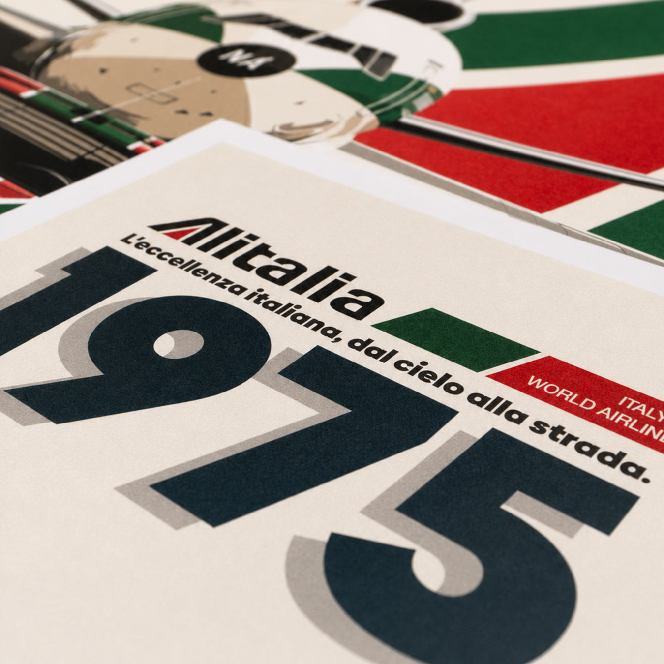 Close-up of the Alitalia DC-10 and Lancia Stratos HF print, highlighting the vintage Alitalia logo, Italian tagline and bold 1975 typography.
