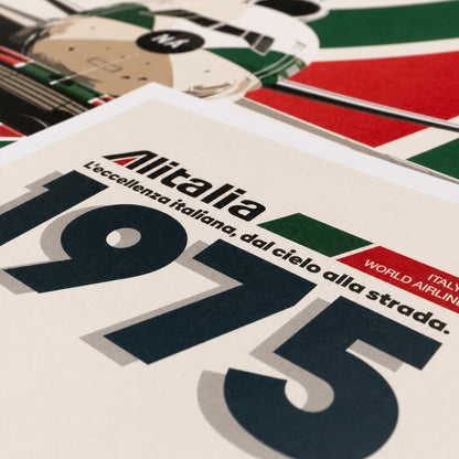 Close-up of the Alitalia DC-10 and Lancia Stratos HF print, highlighting the vintage Alitalia logo, Italian tagline and bold 1975 typography.