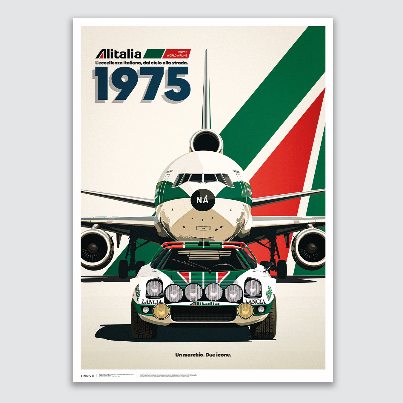 Studio11 Alitalia DC-10 and Lancia Stratos HF art print featuring both Italian icons in their classic red, green and white livery.