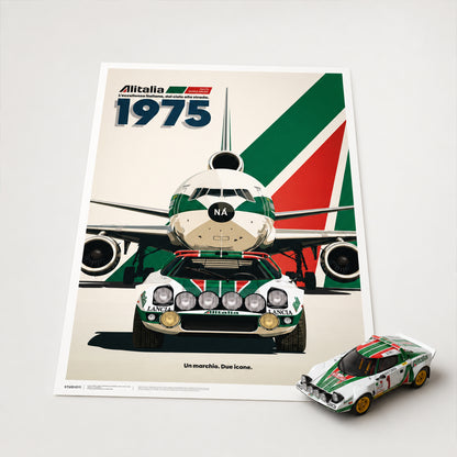 Alitalia DC-10 and Lancia Stratos HF art print displayed on a white surface beside a matching Alitalia-liveried Lancia Stratos model.