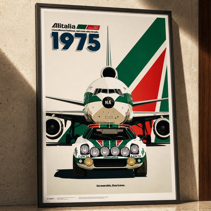 Framed Alitalia DC-10 and Lancia Stratos HF poster displayed against a warm travertine wall with dramatic Mediterranean sunlight.