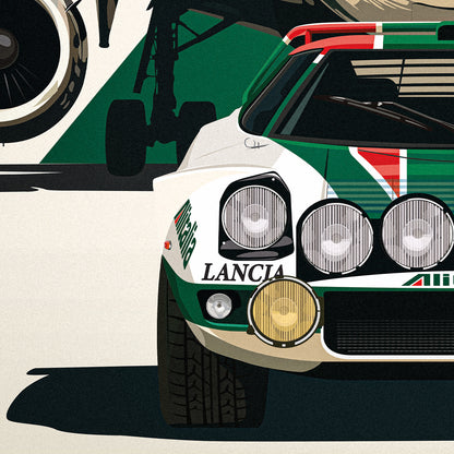 Detailed close-up of the illustrated Lancia Stratos HF with its rally lights and classic red, green and white Alitalia livery.