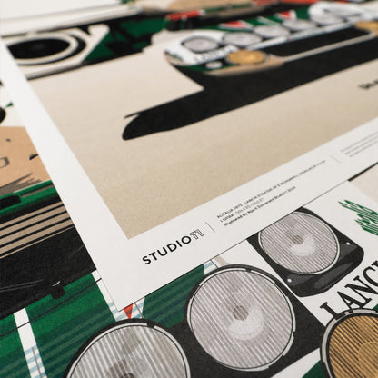Close-up of the Studio11 signature, fine-art paper texture and detailed rally lights on the Alitalia Lancia Stratos artwork.